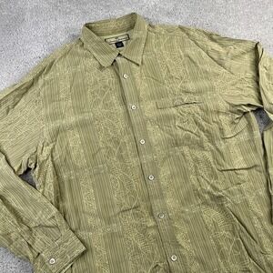 Tommy Bahama‎ Shirt Mens Large Green Silk Embroidered Stripes Beach Resort